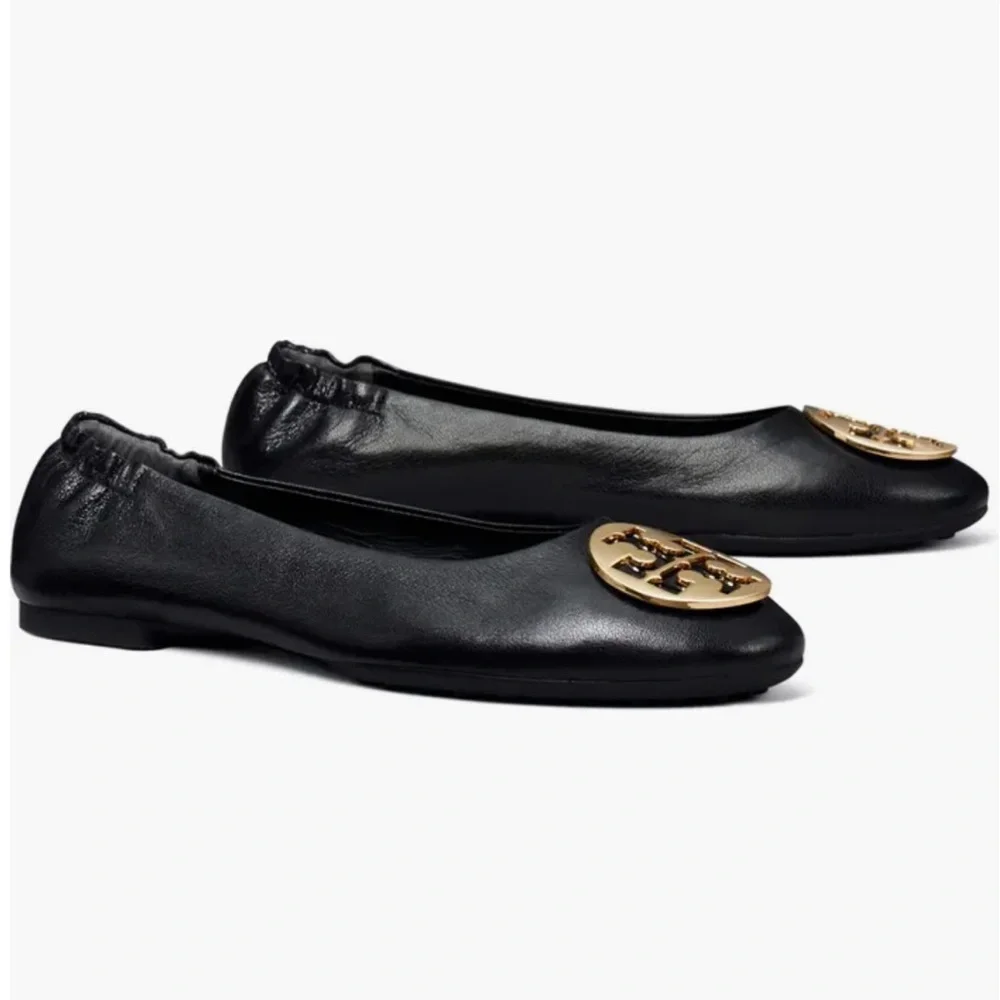 Tory Burch Claire Leather Ballet Ballerina Flats in Black Gold Hardware NWOB